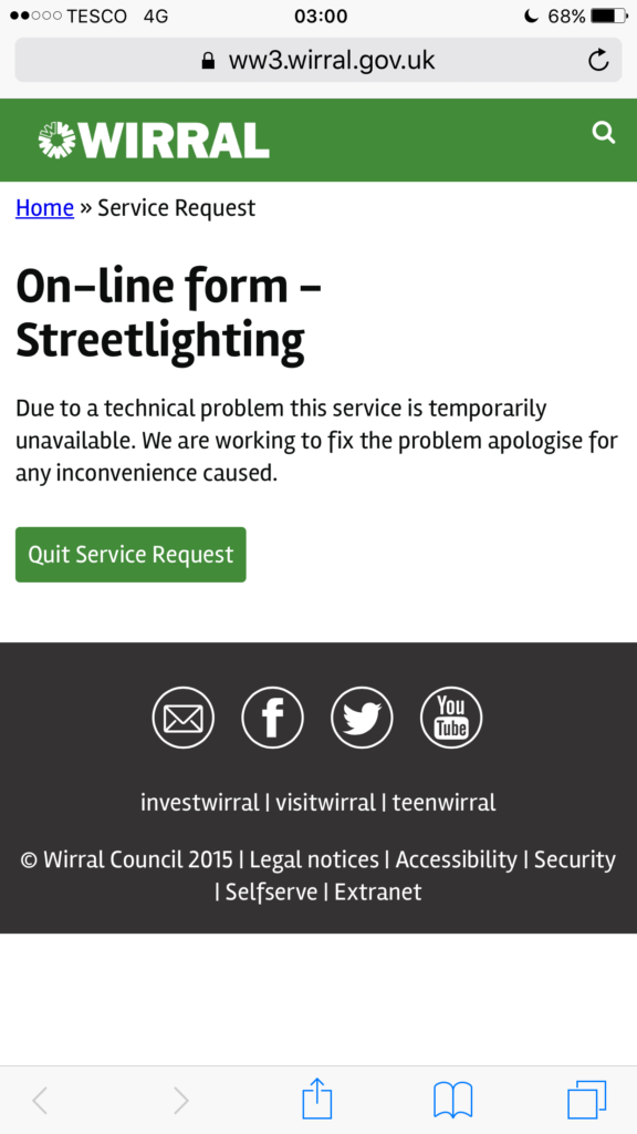 Error message on council streetlighting website